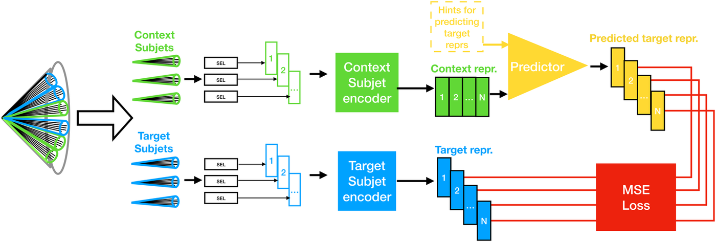 J-JEPA architecture: context and target subjets, a context encoder and target encoder, and a predictor trained with an MSE loss in representation space.